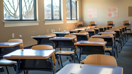 Fototapeta na wymiar Classroom with Empty Desks and Chairs
