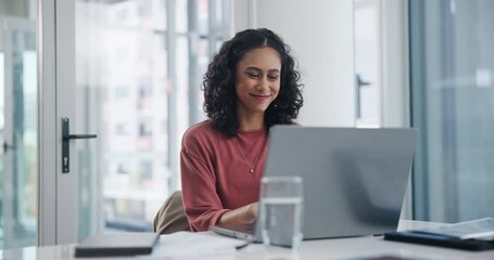 Smile, business woman and typing on laptop on desk at office for email, project or working in startup. Computer, table and professional reading information, blog and creative copywriter with article - Powered by Adobe