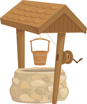 Cartoon farm well icon. Stone and wooden water source