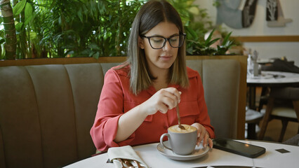 Young hispanic woman enjoying coffee alone at a cafe table, stirring a cup with a serene expression.