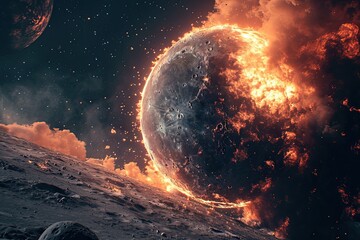 The moon The moon explodes, surreal landscape