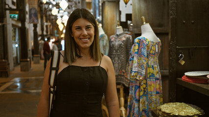 Young adult hispanic brunette woman smiling in traditional arab souk madinat jumeirah, dubai