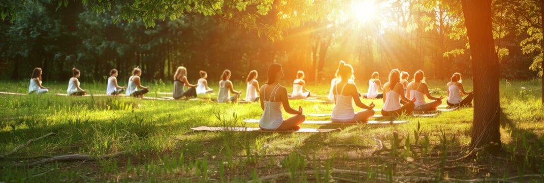 people practicing yoga in the park. health concept image. 
