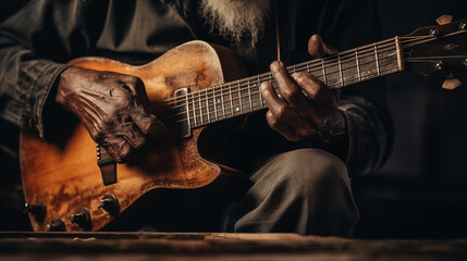 Old Hands Playing Chords on a Vintage Guitar - obrazy, fototapety, plakaty