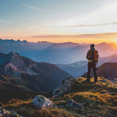 Obraz premium Solitary hiker enjoying a mountaintop view at sunset
