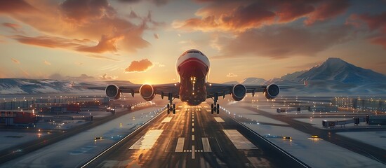 Capturing the Majestic Power: A Stunning Panoramic View of a Massive Jet Aircraft with its Landing Gear Extended, Preparing for Takeoff - obrazy, fototapety, plakaty