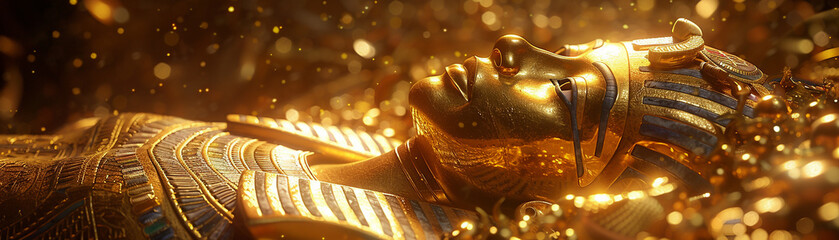 The Golden Treasure of King Tutankhamun, a treasure trove of ancient wonders Bring these artifacts to life through a 3D render, showcasing them under golden hour lighting with lens flare for a touch o - obrazy, fototapety, plakaty