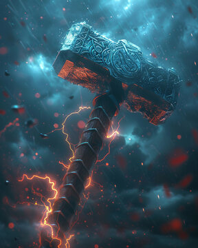 Thor, Mjolnir, God of Thunder, amidst a storm in Asgard, lightning cracking through dark clouds 3D Render, Backlights, HDR