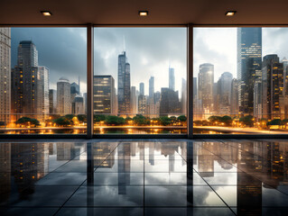 Contemporary space with reflective flooring against a backdrop of a city's skyline at dawn. Generative AI