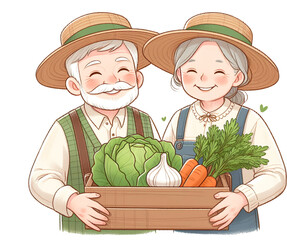 Elderly farmer couple holding vegetables grown in the countryside