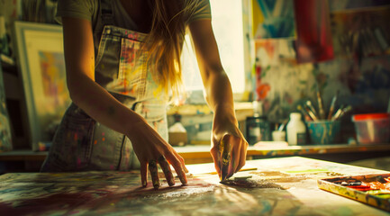 closeup of a female artist working in her workshop on a sunny day