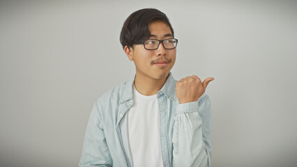A young asian man points sideways with his thumb against a white isolated background wearing...