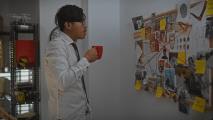 A young asian man examines a cluttered investigation board in a detective's office while holding a...