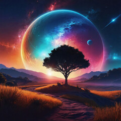 abstract futuristic landscape planet galaxies stars enveloped background