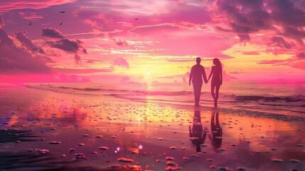 Fototapeta premium Serenity at Sunset Romantic Couple Embracing by the Water's Edge in a Vibrant Sky