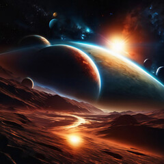 dramatic abstract space solar landscape planets stars and moons in a supernova science fiction background