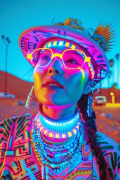 A culturally rich image featuring a woman adorned in vibrant tribal clothing and jewelry, set against a desert backdrop