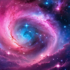 galaxy swirling in shades of pink and blue studded with twinkling bright stars against a backdrop