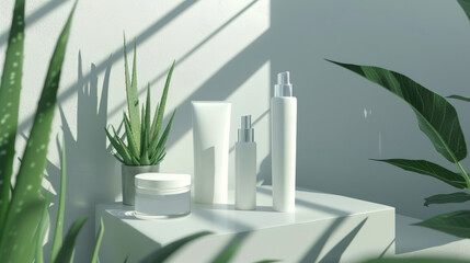 Clean and modern natural cosmetics mockup with aloe vera for branding. Ecological ingredients for skin care.