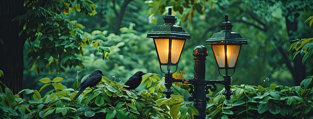 two black forged metal street lamps in a city park, accentuated by lush greenery and the presence of a bird nearby, evoking a sense of tranquility. - obrazy, fototapety, plakaty