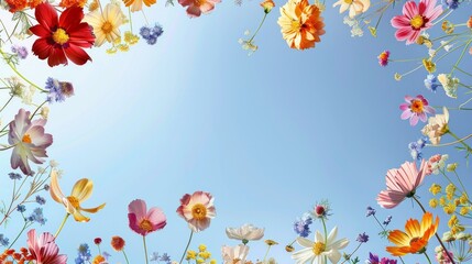 This captivating image shows a rich tapestry of various flowers set against the backdrop of a sky, evoking wonder