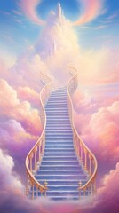 Fototapeta premium Delicate airy stairway goes to the sky to the light, delicate pastel colors, airy light clouds, stairway to the clouds