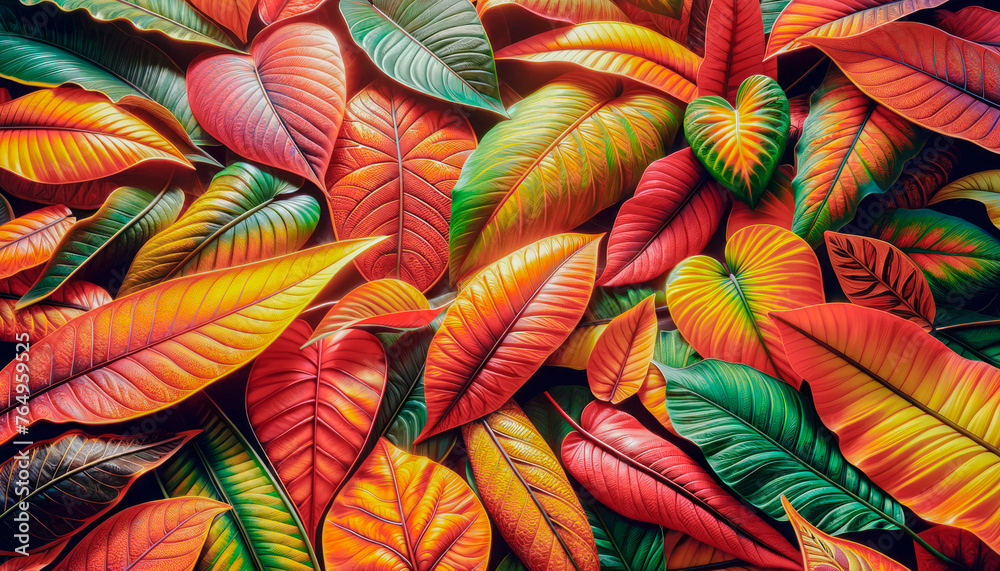 Aufkleber artistic rendering of colorful leaves in a tropical setting. vibrant nature concept. generative ai