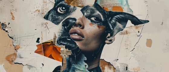 A collage or portrait of a dog-headed woman in a contemporary style. Inspired by contemporary pop culture.