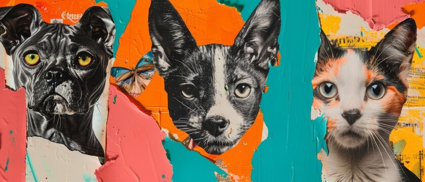 An art collage consisting of b&w portraits of dogs and cats with male eyes isolated over a colored background. A concept that embodies design, surrealism, fun, creativity, and inspiration.
