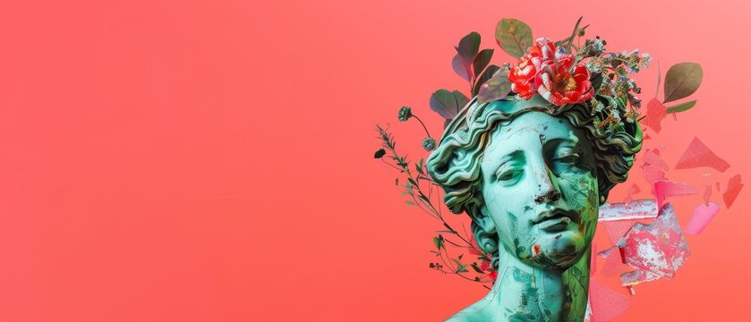 The image is centered on the head of a green statue with flowers on it. Geometric elements are added to the coral background to create a contemporary design. Negative space can be used for text.