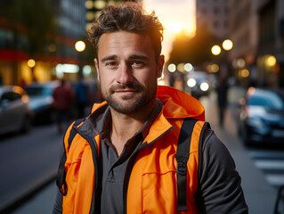 Fototapeta premium A young man with brown hair and a beard in an orange safety vest, smiling in a city street at dusk. Generative AI