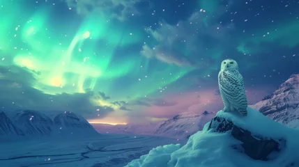 Tafelkleed Snow owl in wild snow field with beautiful aurora northern lights in night sky with snow mountain in winter. © rabbit75_fot