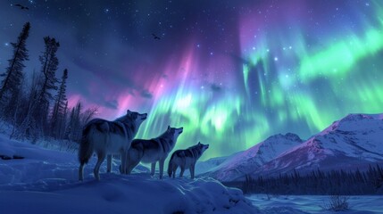 Wolves herd in wild snow field with beautiful aurora northern lights in night sky with snow forest...