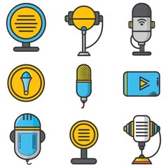 An assorted set of microphone and media playback icons in a bold flat design, suitable for audio-related interfaces and marketing materials.