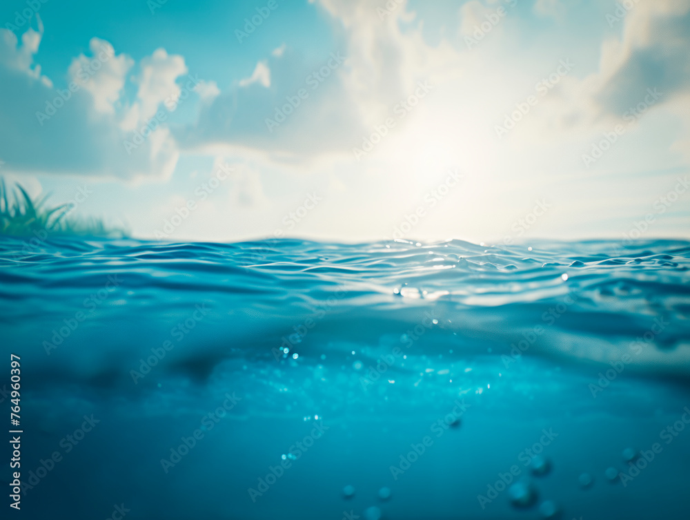 Aufkleber low angle view of water surface with underwater grass and sun glare. ocean calmness concept. generat