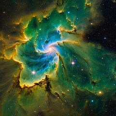 universe with stars constellations galaxies nebulae and gas and dust clouds clean green background