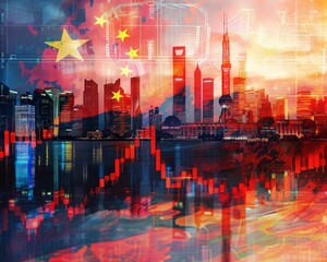 An evocative composite image featuring the Shanghai skyline with overlaying stock market graphs and the Chinese flag, symbolizing economic dynamics.