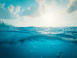 Low angle view of water surface with underwater grass and sun glare. Ocean calmness concept....