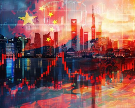 An evocative composite image featuring the Shanghai skyline with overlaying stock market graphs and the Chinese flag, symbolizing economic dynamics. - Powered by Adobe