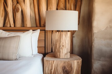 Close-up of rustic bedside table lamp next to wood headboard in stylish bedroom interior