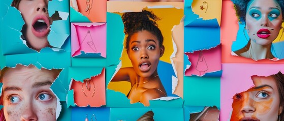 A collection of cropped portraits of different surprised people against a multicolored neon light background in neon light. Flyer, collage of models. A concept of emotions, expressions, sales, and - obrazy, fototapety, plakaty