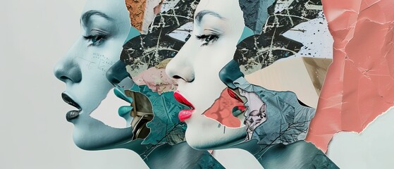 The male head and female mouth are like headphones, a contemporary art collage designed in a trendy urban magazine style, with fashion and creativity. Copy space to write a text or advertise.