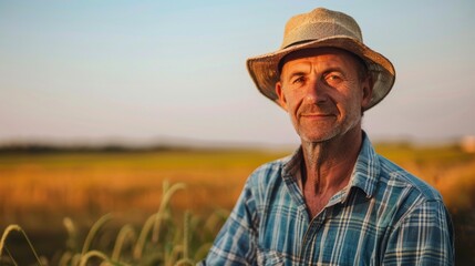 Naklejka na ściany i meble portrait of a farmer on his farm at sunset in high resolution and high quality. FARM CONCEPT,farmer,field
