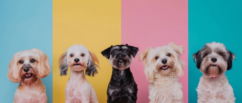 The image shows a cute puppy posing on an isolated colorful or gradient background. Photographs shot in the studio. The image depicts a collage of different kinds of dogs. A flyer for your
