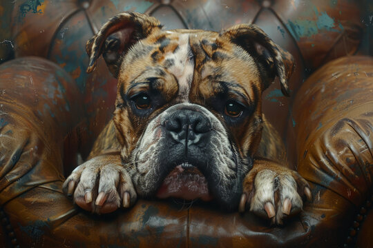 a bulldog sits inside a boxing glove, captured in a speed painting style. this emotionally charged portrait showcases photographically detailed features, with a  image quality. the artwork 