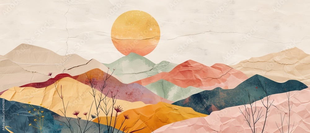 Wall mural multicolored mountains on pastel background. modern design, contemporary art collage. inspiration, i