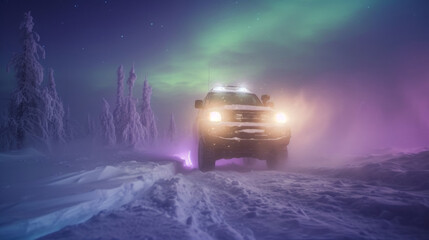 Sports car in snow field with beautiful aurora northern lights in night sky with snow forest in winter.