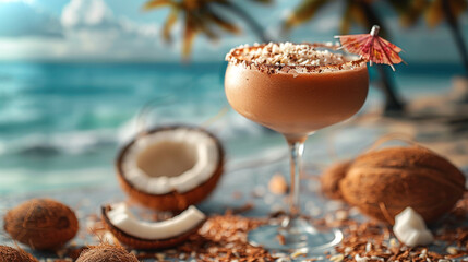 A tantalizing chocolate coconut cocktail with shredded coconut rim, served in a stylish glass,...