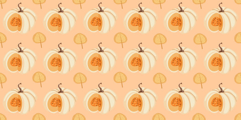 Autumn seamless pattern. Pumpkins and autumn items. Cozy warm background. Perfect for printing, textiles, wrapping paper. Vector illustrations