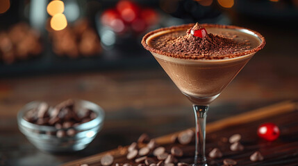 A tantalizing chocolate martini with cocoa powder rim, served in a chic glass, close-up at a lively...